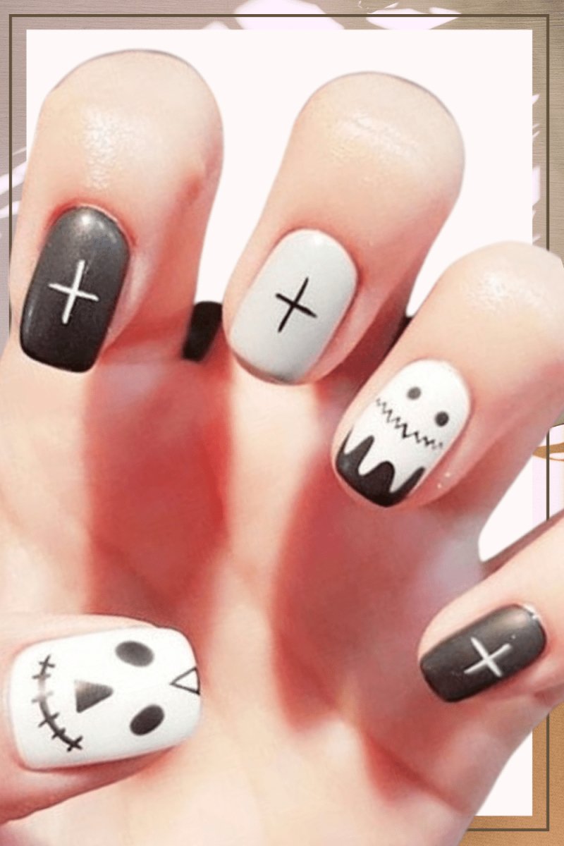 Press On Nails White And Black Matte Square Halloween Nail Kit