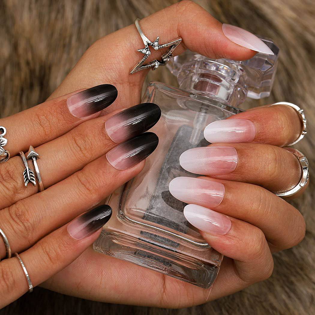 Press On Nails White And Black Ombre Glossy French Tip Almond Nail Kit
