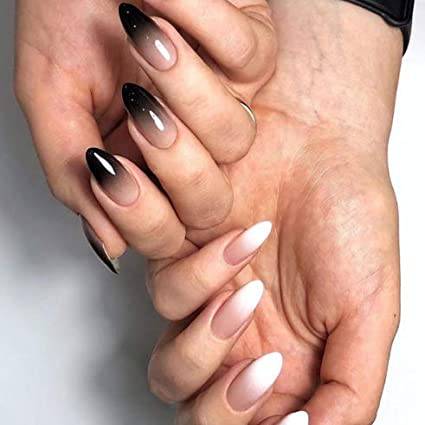 Press On Nails White And Black Ombre Glossy French Tip Almond Nail Kit