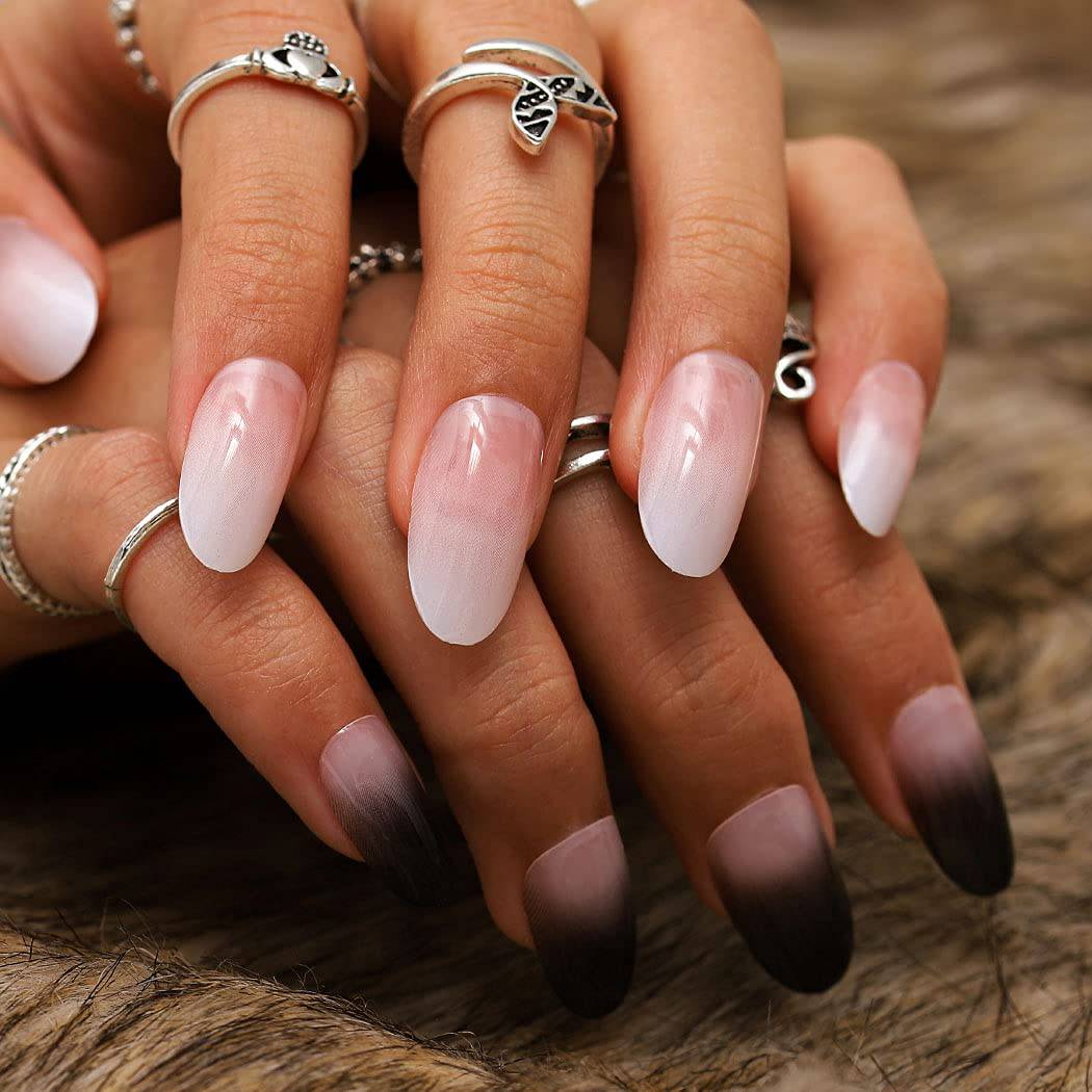 Press On Nails White And Black Ombre Glossy French Tip Almond Nail Kit