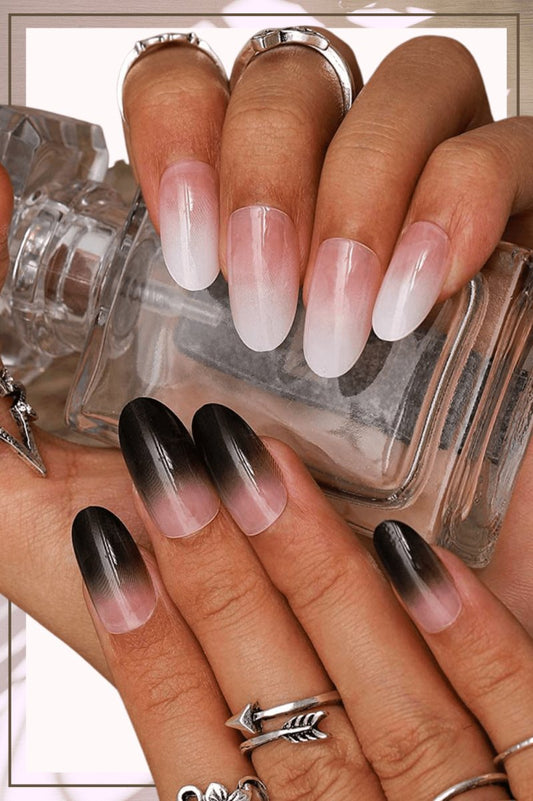 Press On Nails White And Black Ombre Glossy French Tip Almond Nail Kit