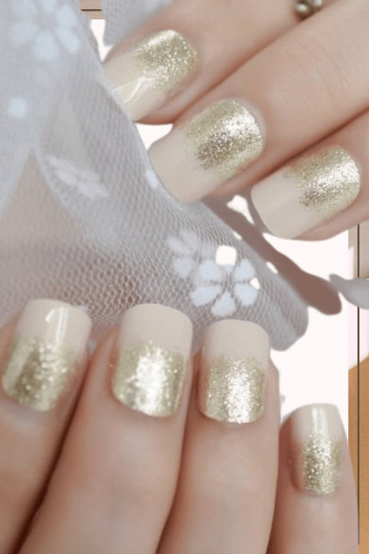 Press On Nails White And Gold French Glossy Square Nail Kit