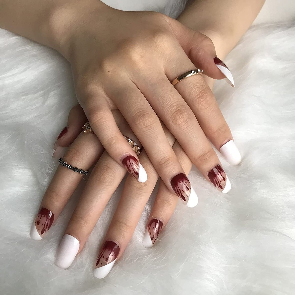 Press On Nails White French Glossy Almond Blood Dripping Nail Kit