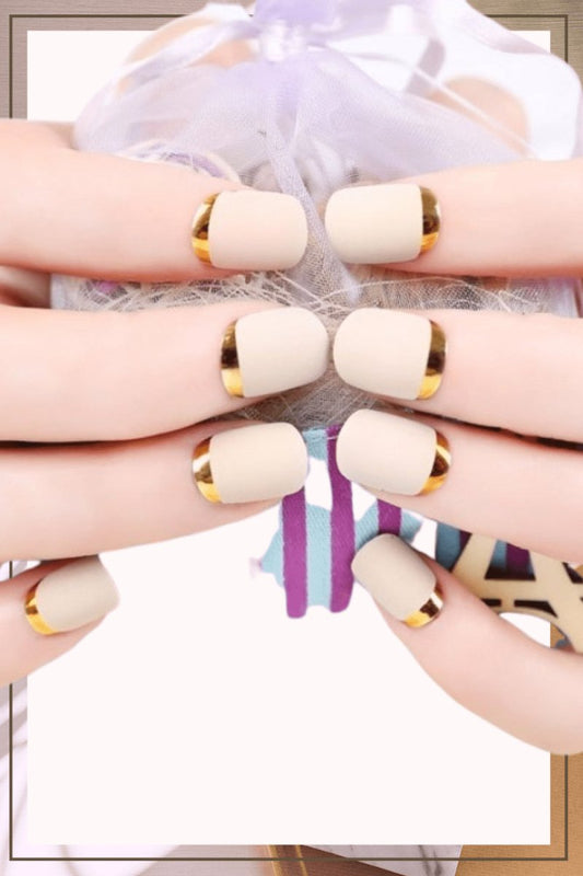 Press On Nails White French Glossy Oval Gold Nail Kit