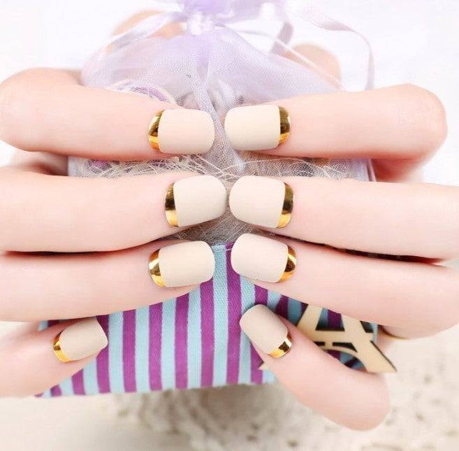 Press On Nails White French Glossy Oval Gold Nail Kit