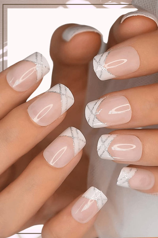 Press On Nails White French Glossy Square Silver Nail Kit