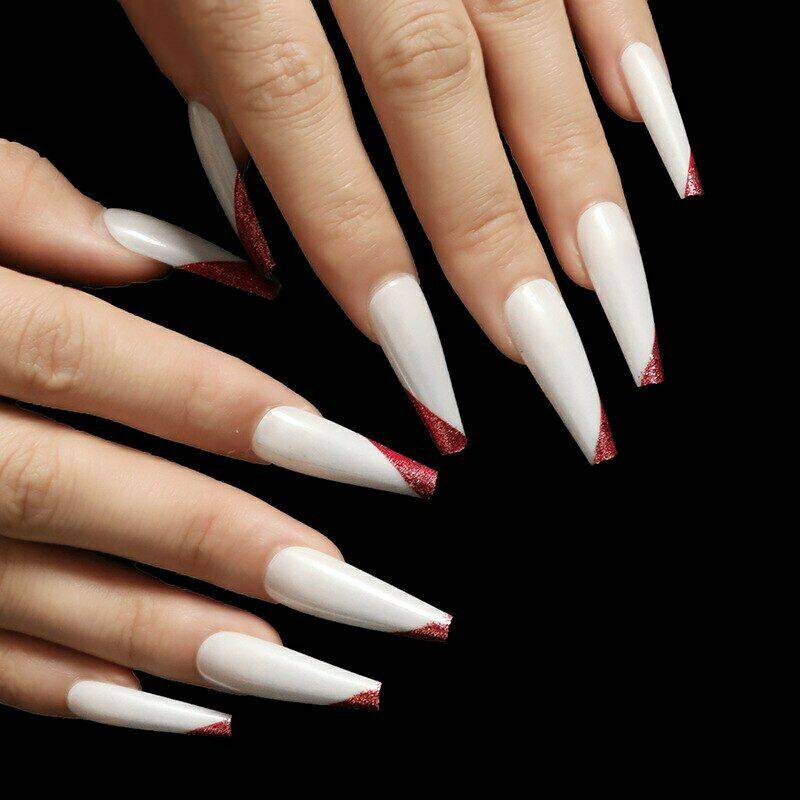 Press On Nails White Glossy Red French Tip Coffin Nail Kit