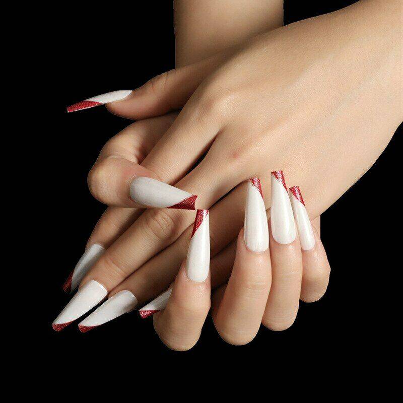 Press On Nails White Glossy Red French Tip Coffin Nail Kit