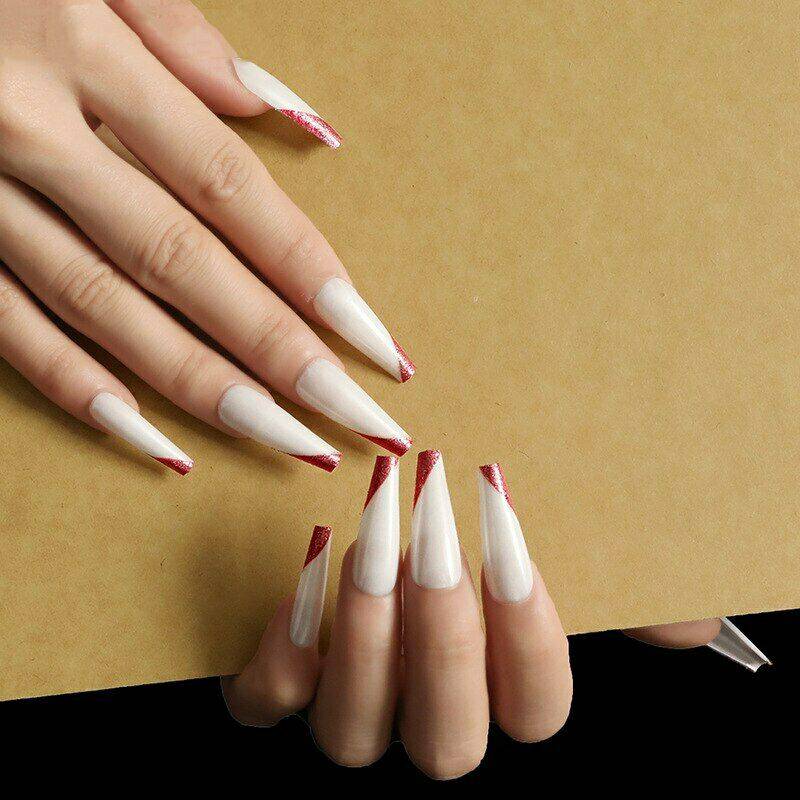 Press On Nails White Glossy Red French Tip Coffin Nail Kit