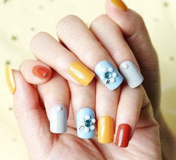 Press On Nails Yellow Glossy Light Blue Square Crystal Nail Kit