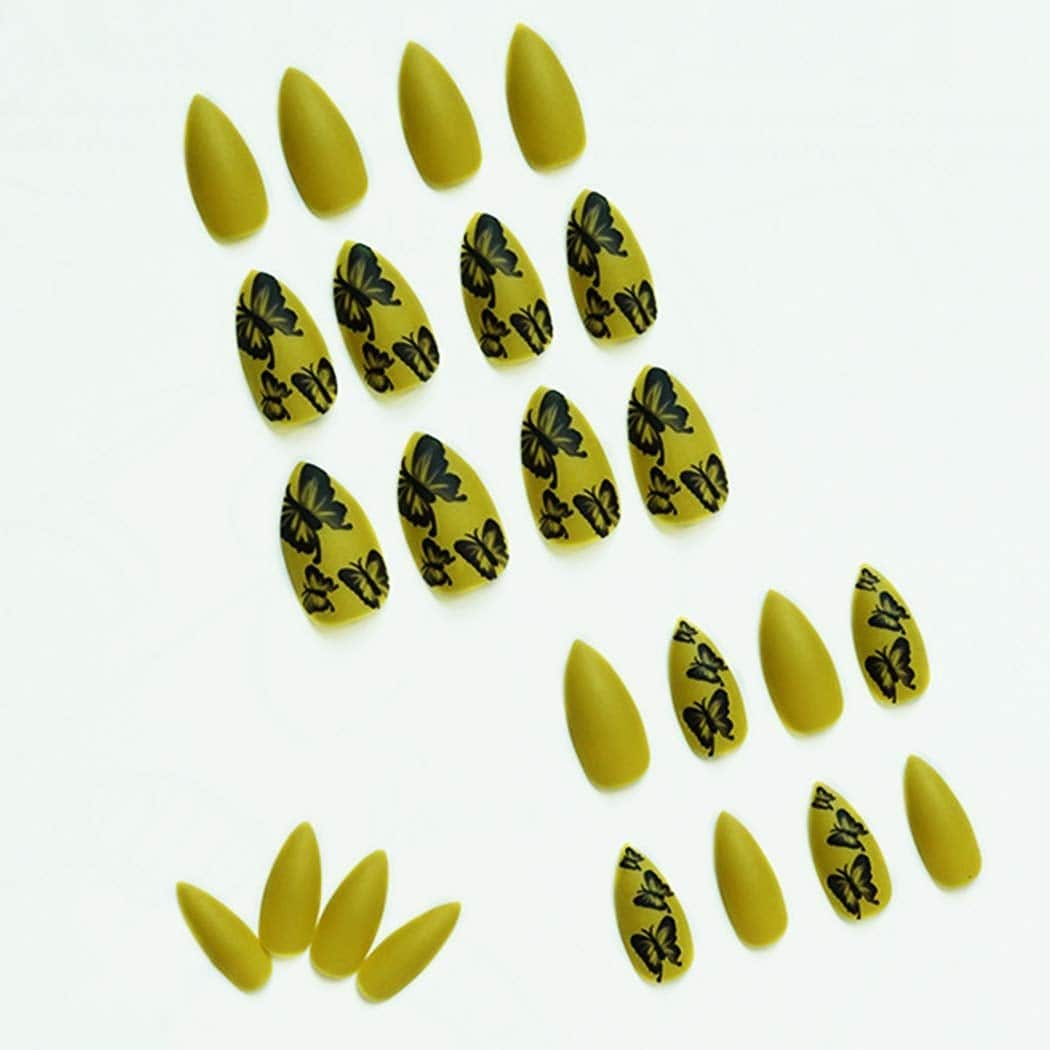 Press On Nails Yellow Matte Stiletto Butterfly Nail Kit