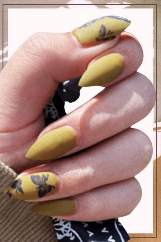 Press On Nails Yellow Matte Stiletto Butterfly Nail Kit