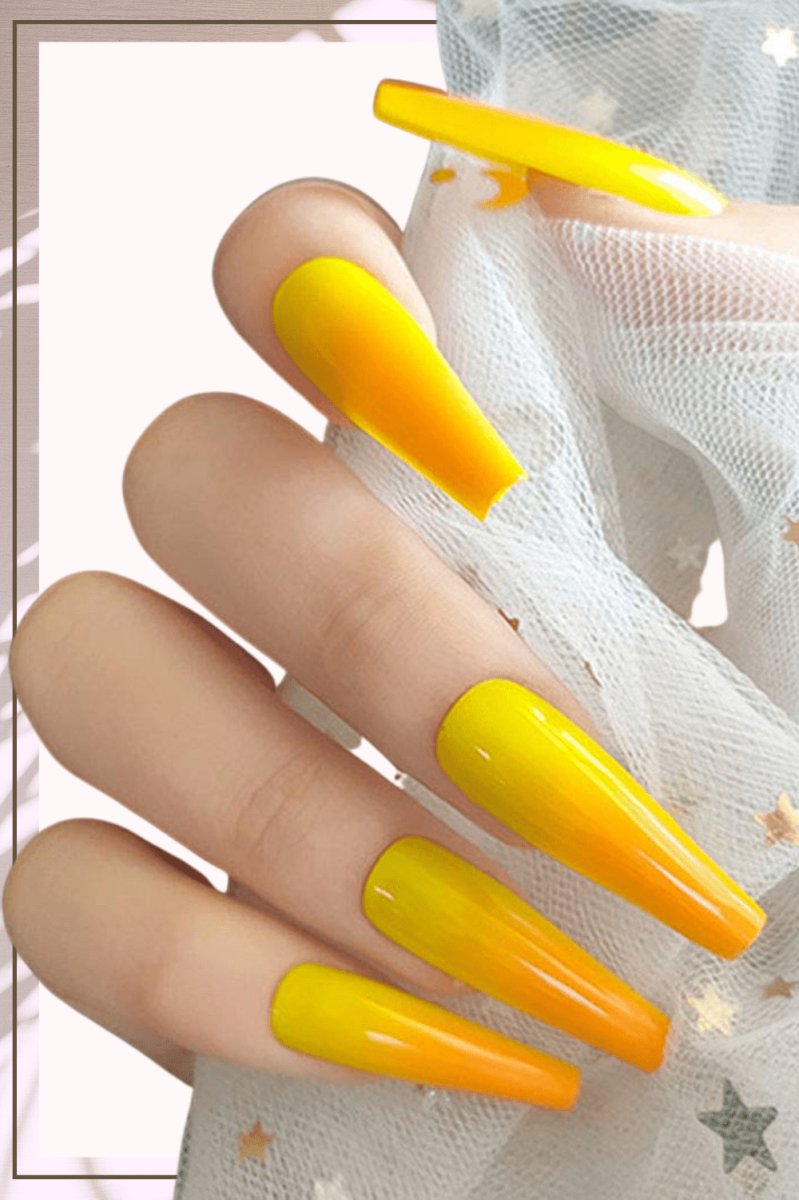 Press On Nails Yellow  Ombre Glossy Coffin Orange Nail Kit