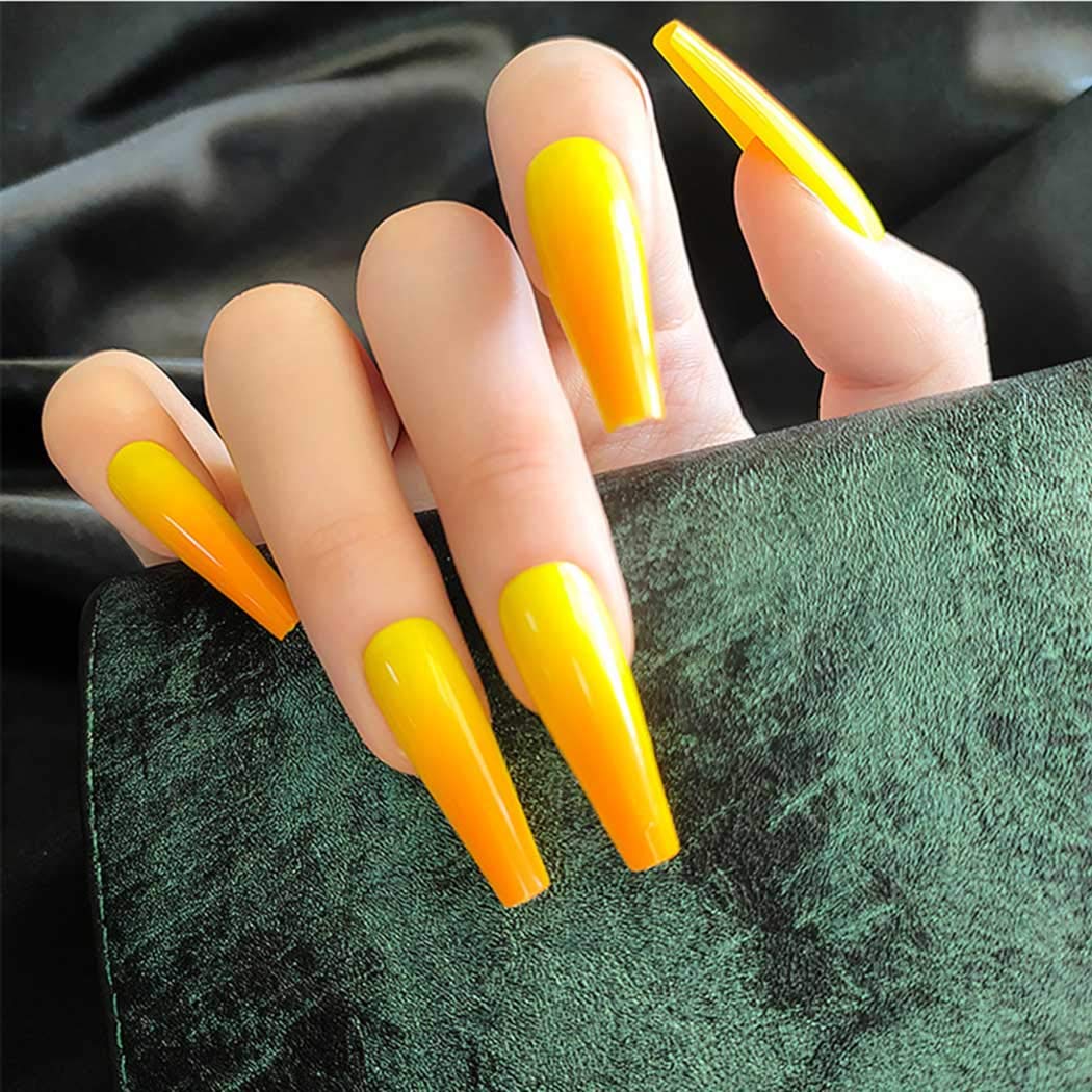 Press On Nails Yellow  Ombre Glossy Coffin Orange Nail Kit