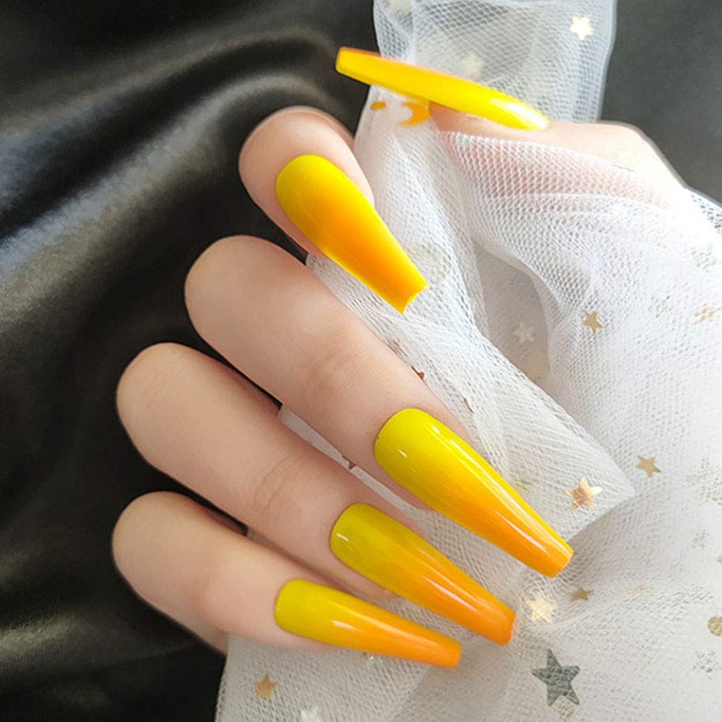Press On Nails Yellow  Ombre Glossy Coffin Orange Nail Kit