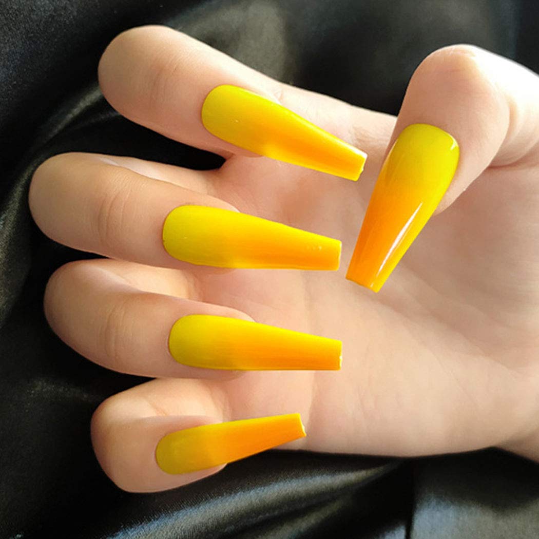 Press On Nails Yellow  Ombre Glossy Coffin Orange Nail Kit