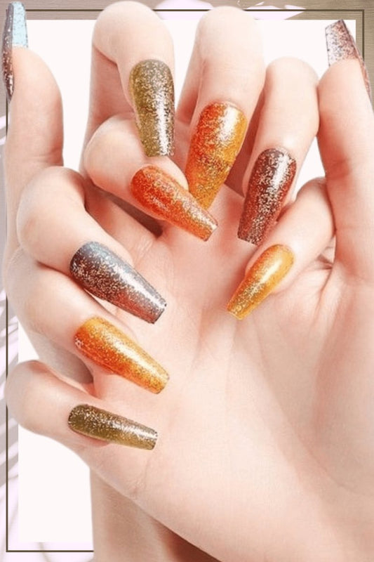 Press On Orange Glossy Green Coffin Glitter Nail Kit