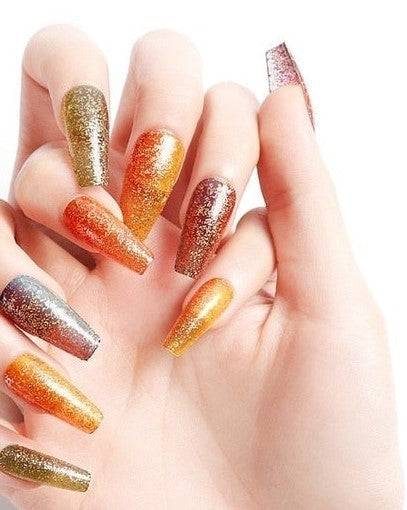 Press On Orange Glossy Green Coffin Glitter Nail Kit