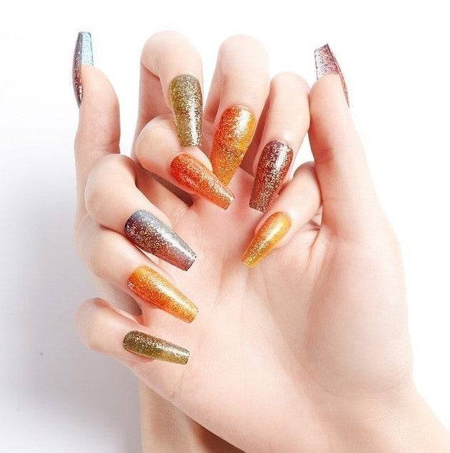Press On Orange Glossy Green Coffin Glitter Nail Kit