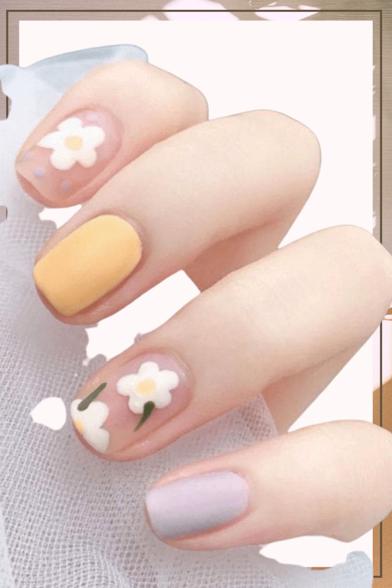 Purple Press On Nails Yellow Glossy Coffin Flower Nail Kit
