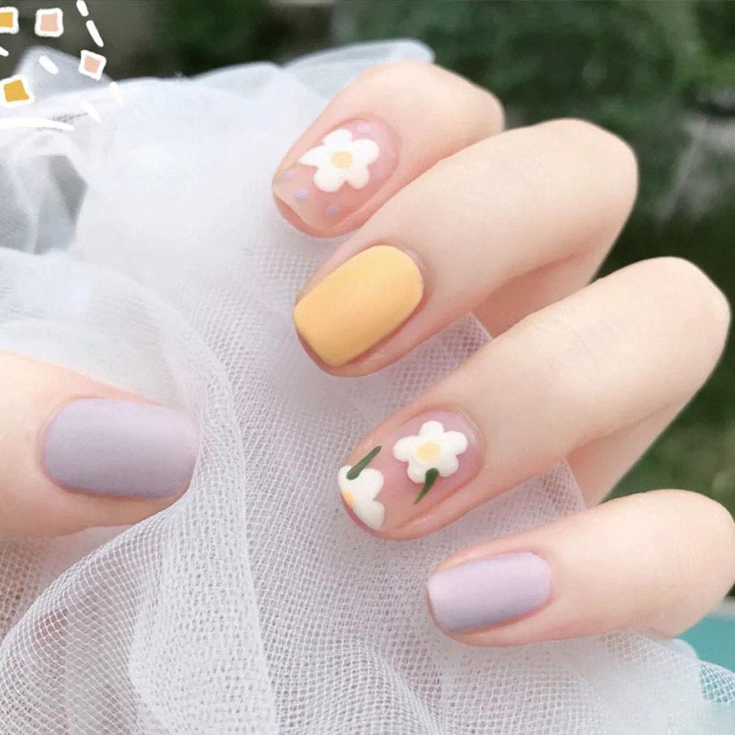 Purple Press On Nails Yellow Glossy Coffin Flower Nail Kit