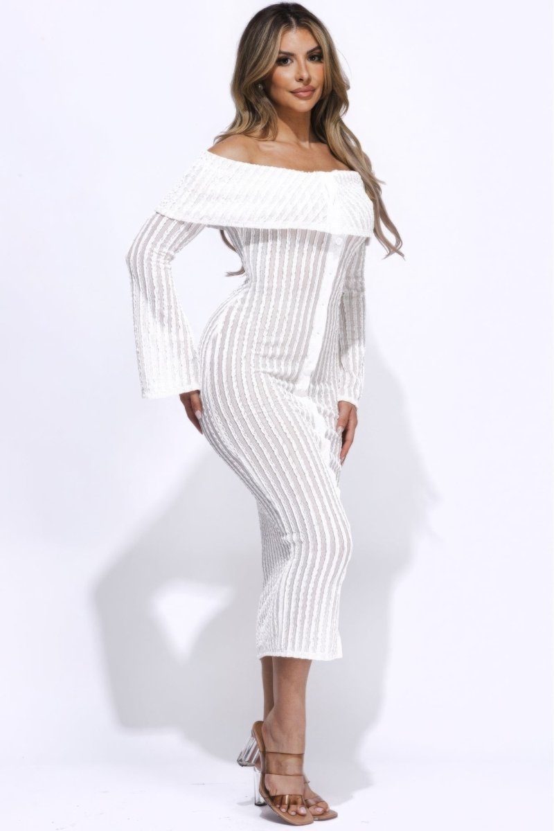Ruffled Off The Shoulder White Midi Dress
