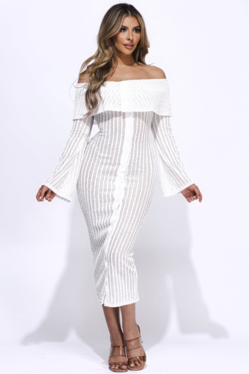 Ruffled Off The Shoulder White Midi Dress