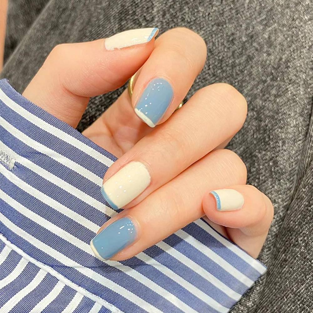 White Press On Nails Blue Glossy French Coffin Nail Kit