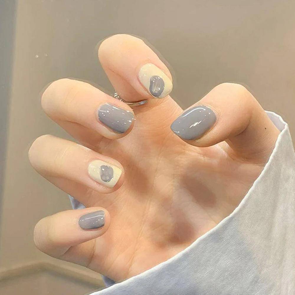 White Press On Nails Gray Glossy Coffin Nail Kit