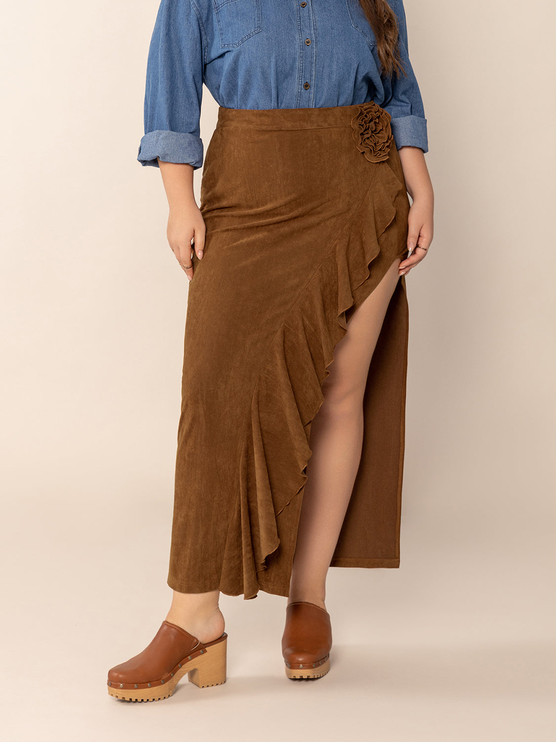 Plus Size Ruffled Slit High Rise Skirt