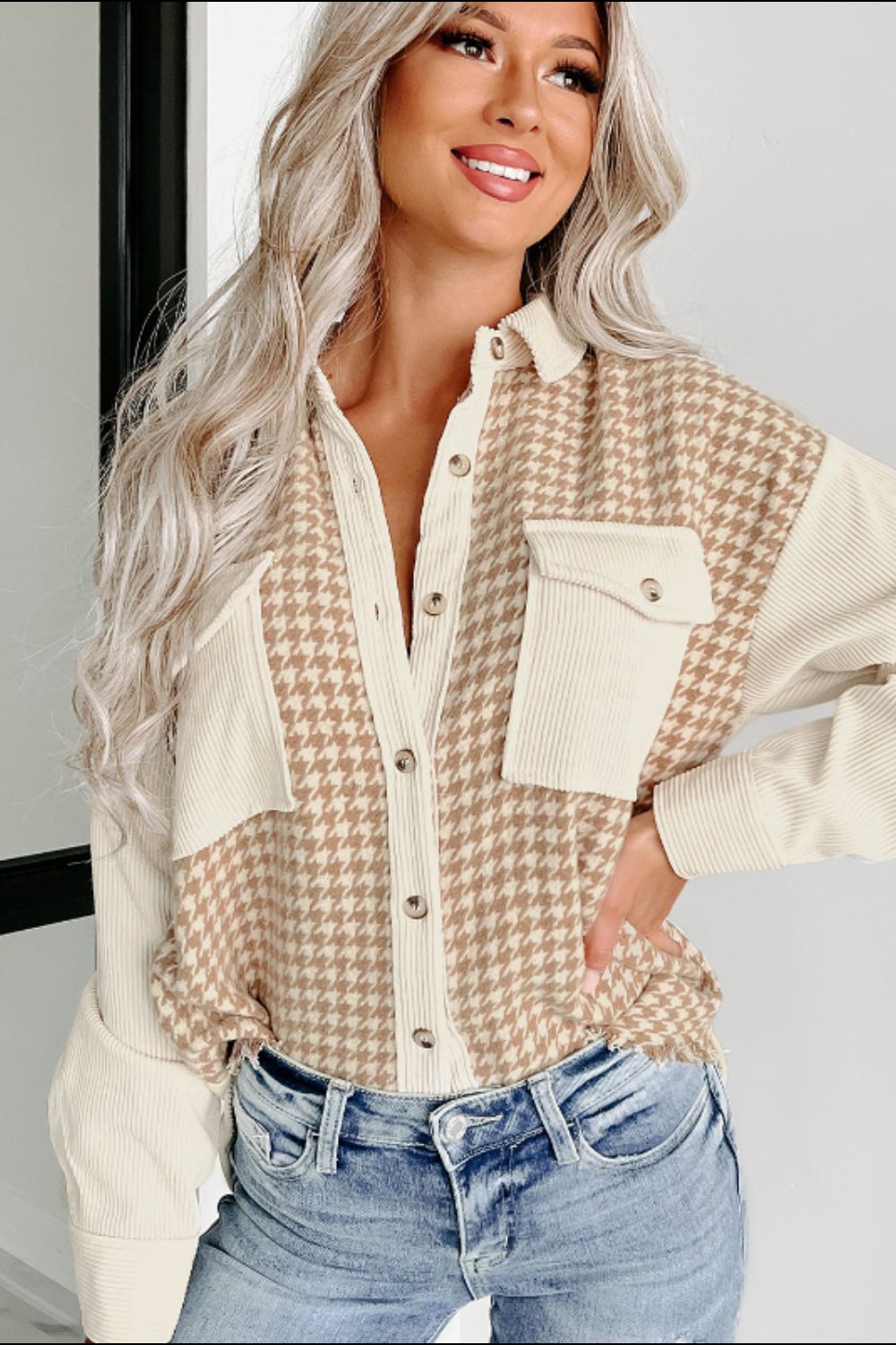 Houndstooth Button Up Long Sleeve Jacket