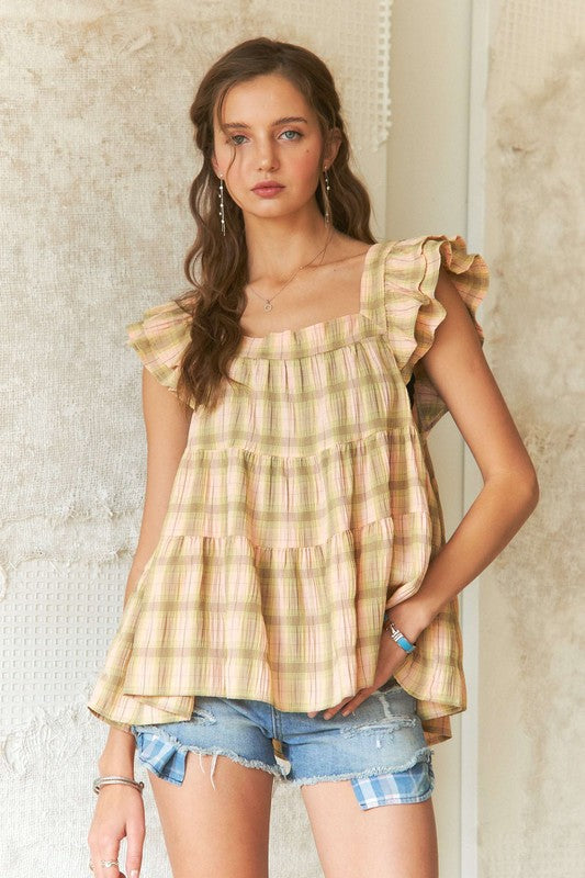 ADORA Ruffled Square Neck Cap Sleeve Babydoll Blouse