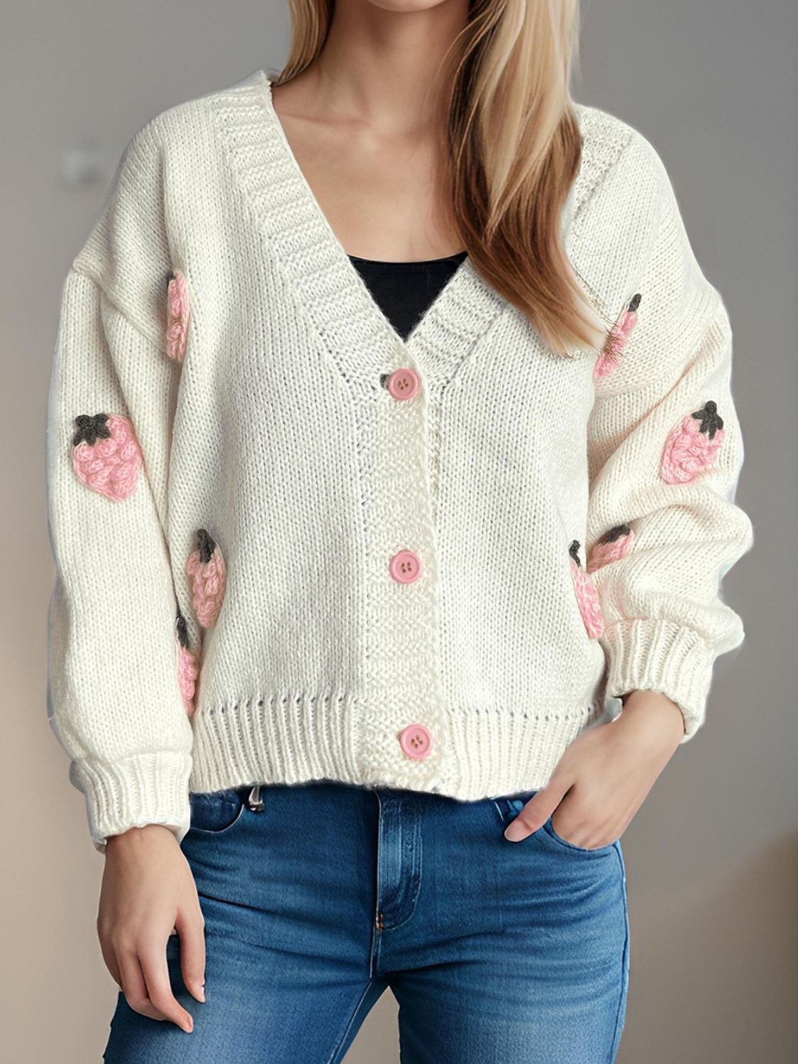 Crochet Strawberry V-Neck Long Sleeve Cardigan