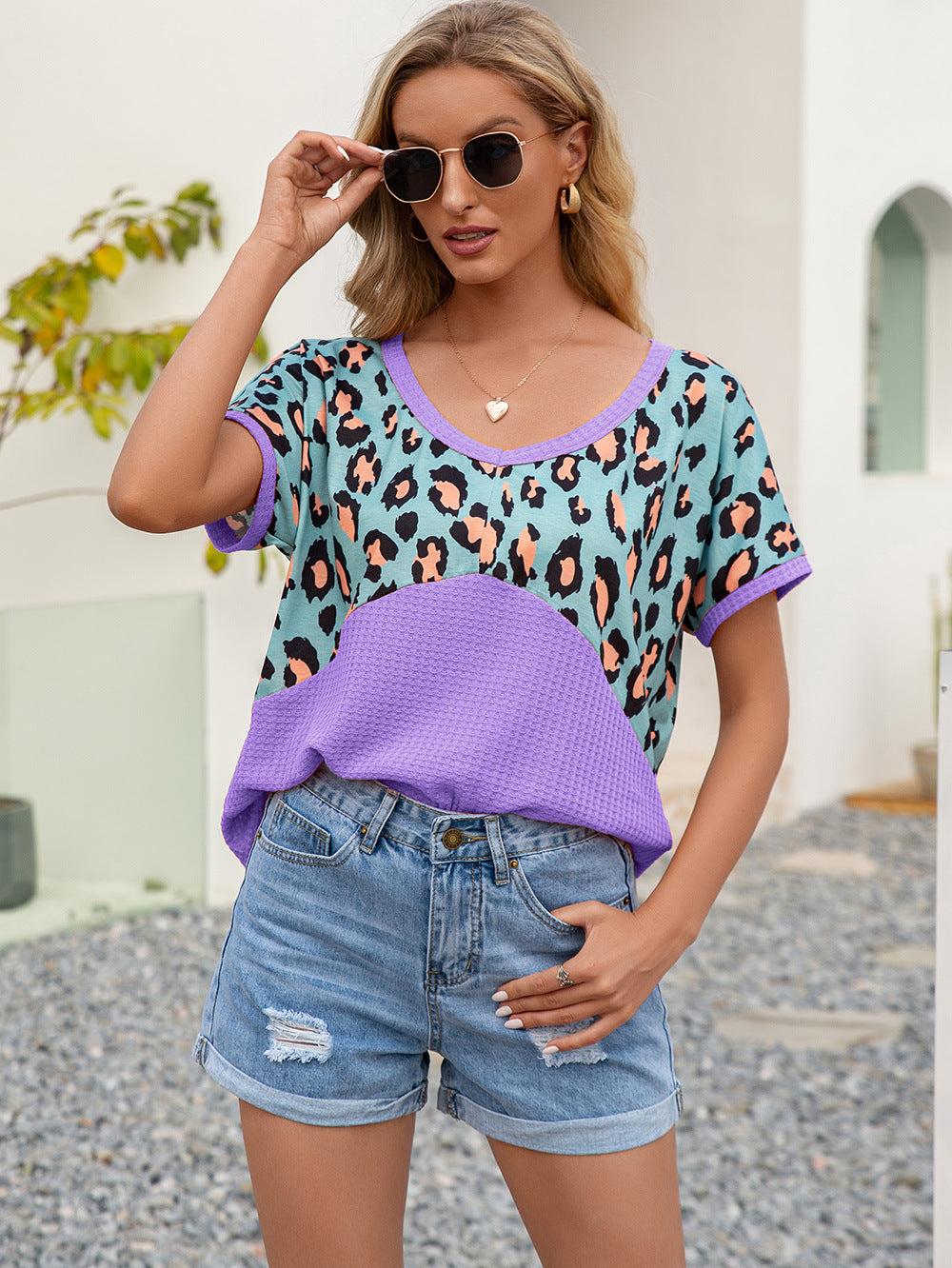 Ivy Lane Leopard Waffle-Knit Short Sleeve Top