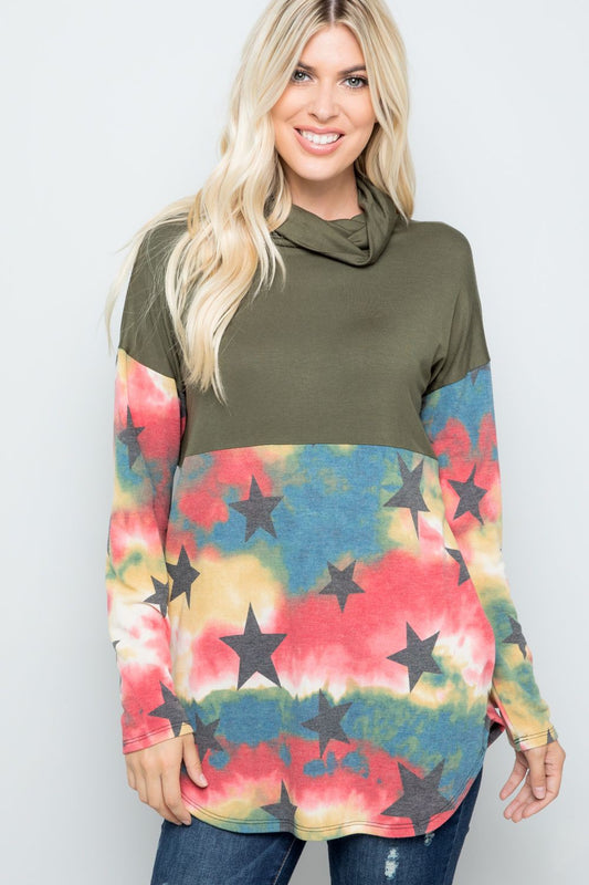 Celeste Full Size Tie-Dye Star Print Long Sleeve Blouse