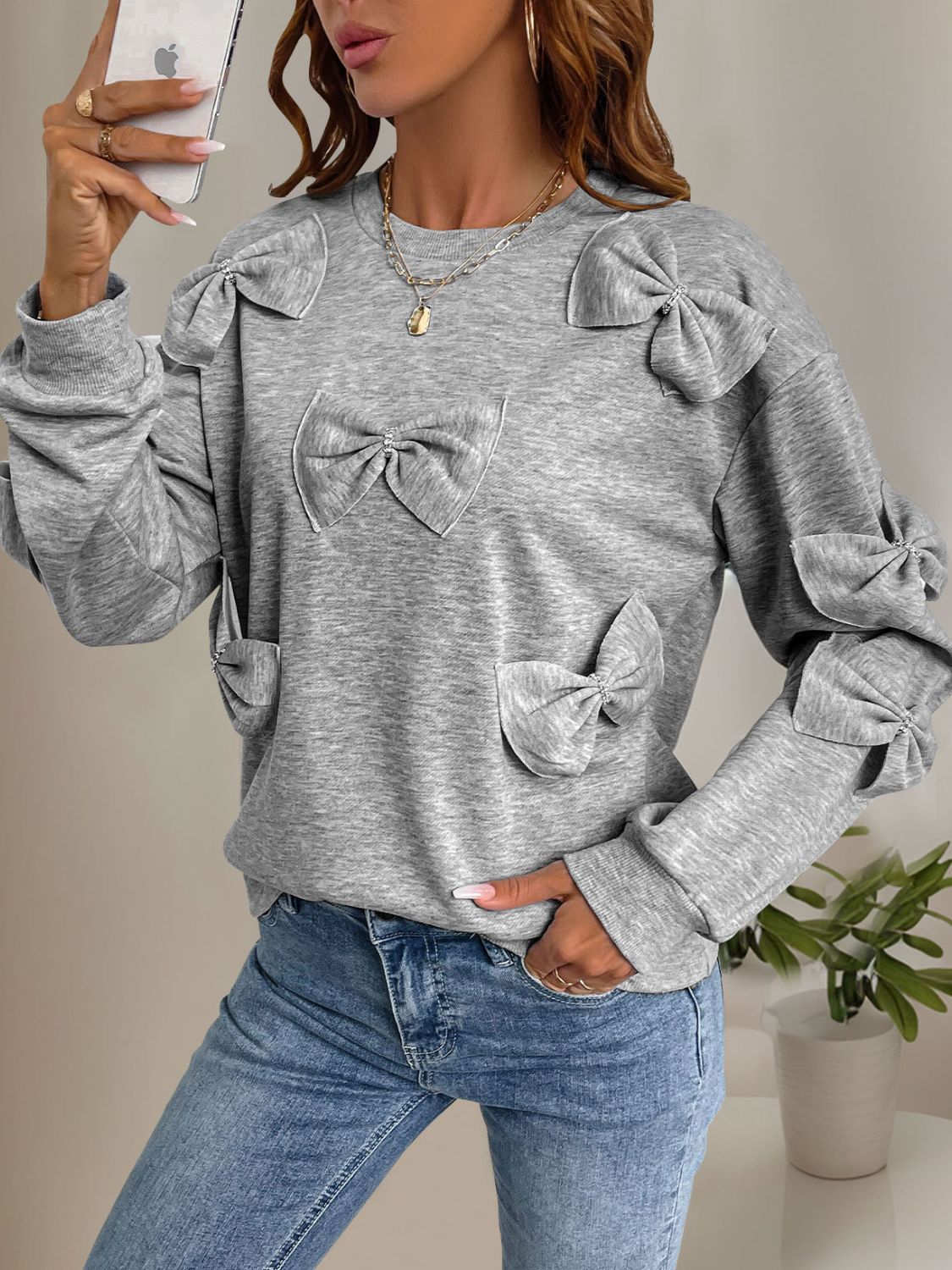 Perfee Bow Round Neck Long Sleeve Sweatshirt