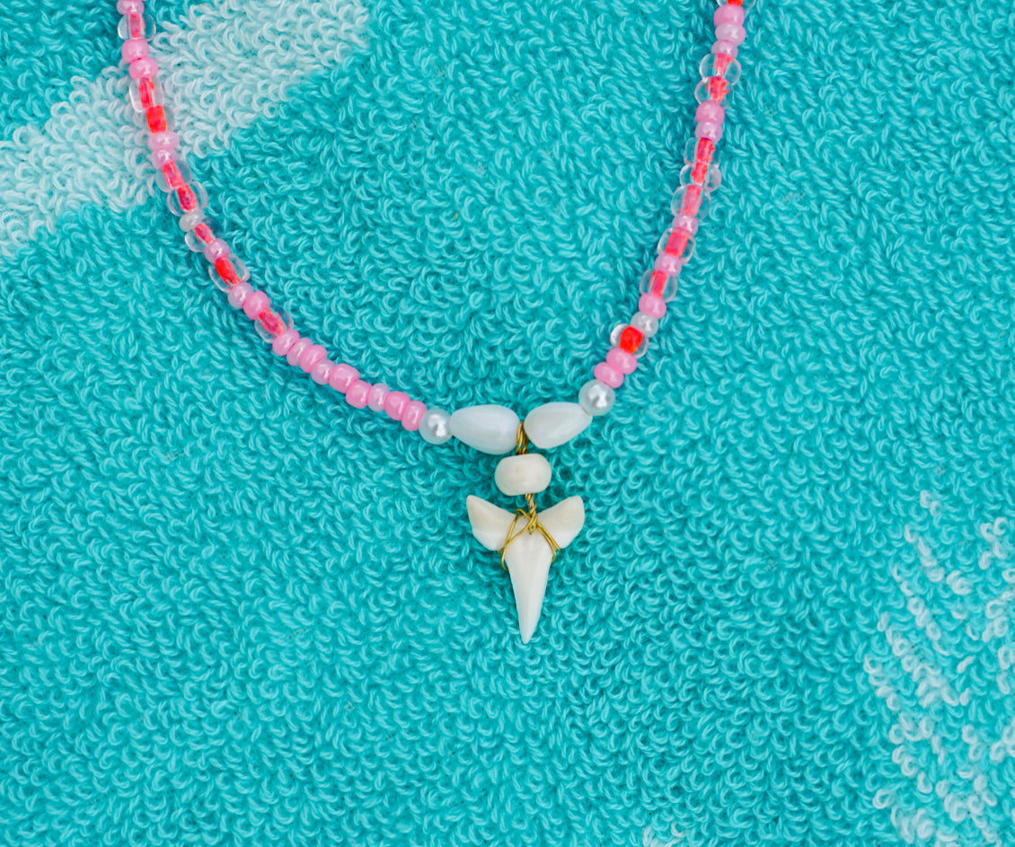 Shark Bait Pink Seed Bead Necklace With Real Shell and Shark Teeth