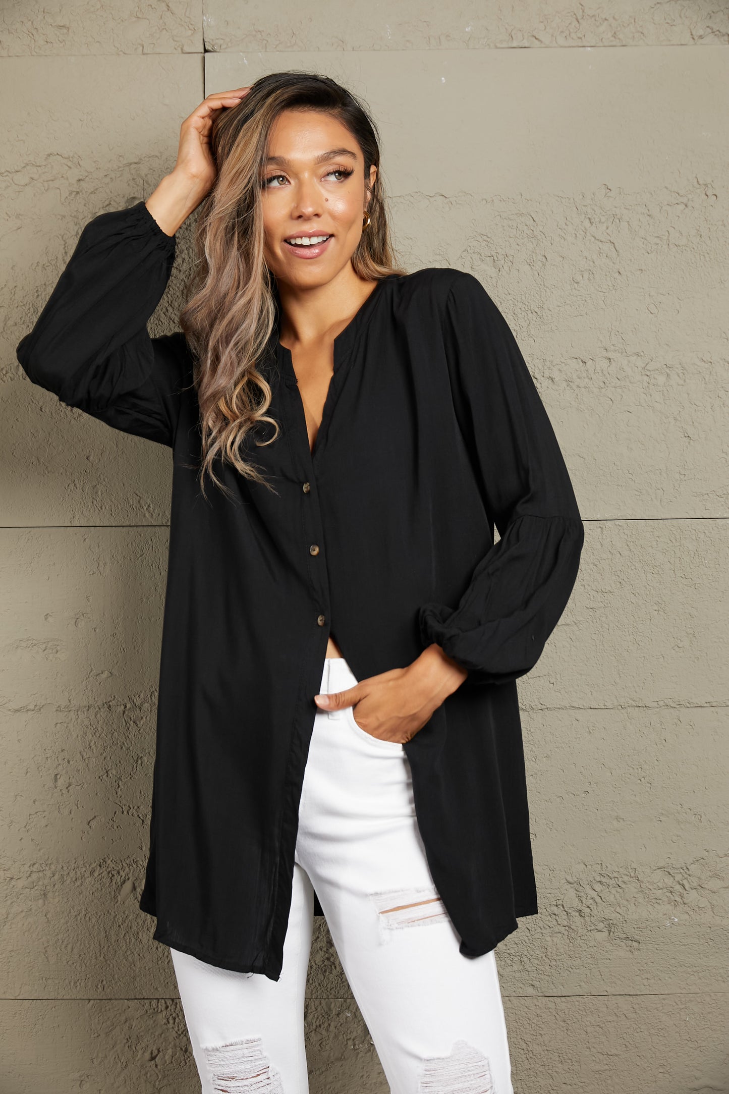 Ivy Lane Notched Neck Balloon Sleeve Shirt