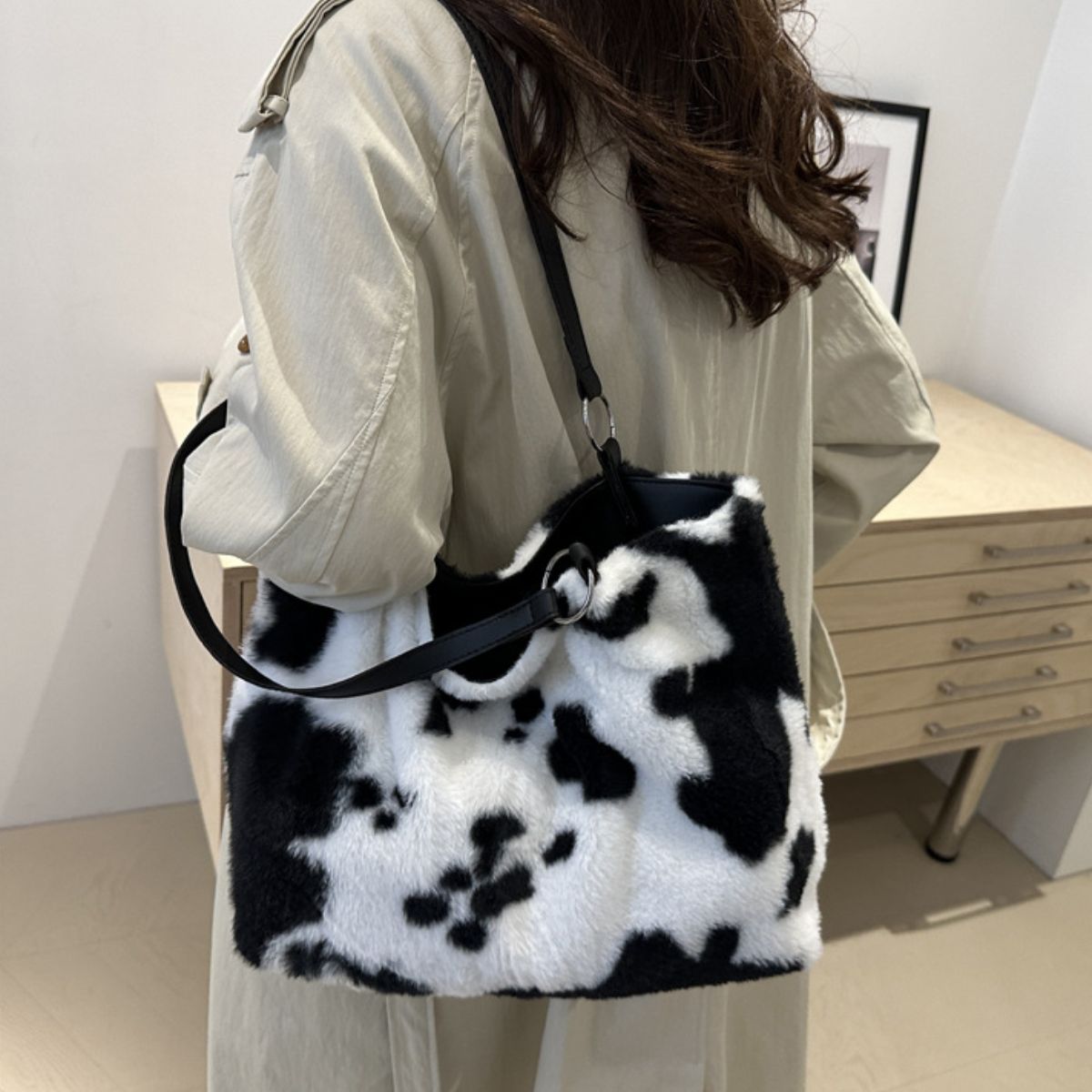 Cow Print Furry Tote Bag