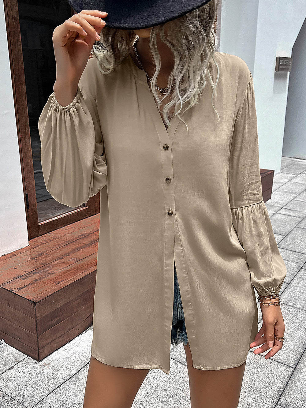 Ivy Lane Notched Neck Balloon Sleeve Shirt