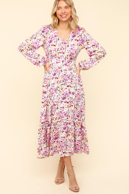 Haptics Full Size Floral V-Neck Long Sleeve Dress with Side Pockets