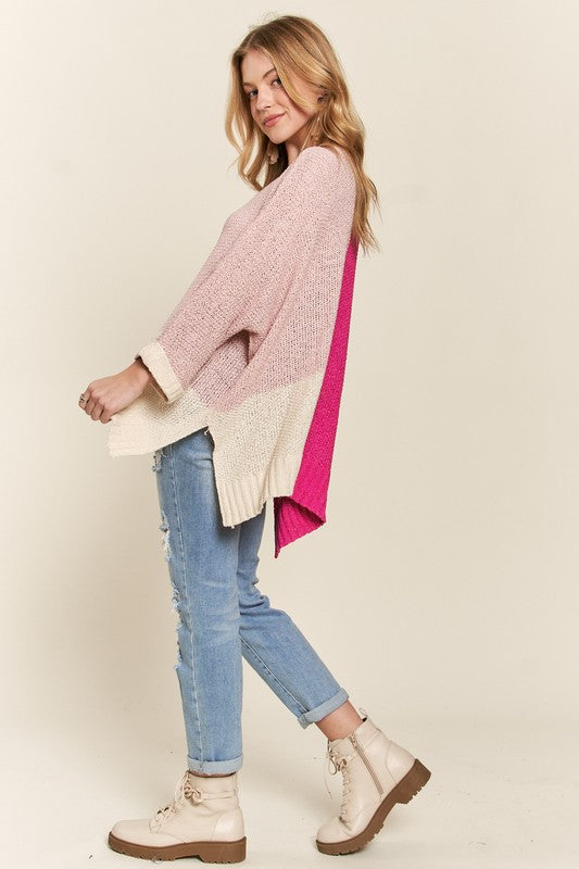 ADORA Side Slit Color Block Long Sleeve Sweater