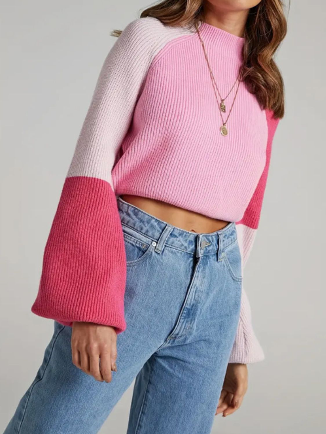 Contrast Mock Neck Long Sleeve Sweater