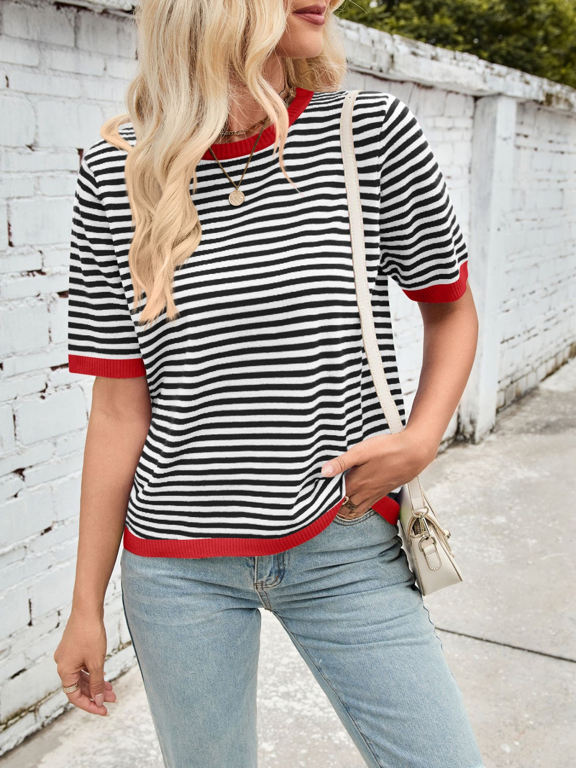 Lovelet Striped Contrast Round Neck Half Sleeve Knit Top