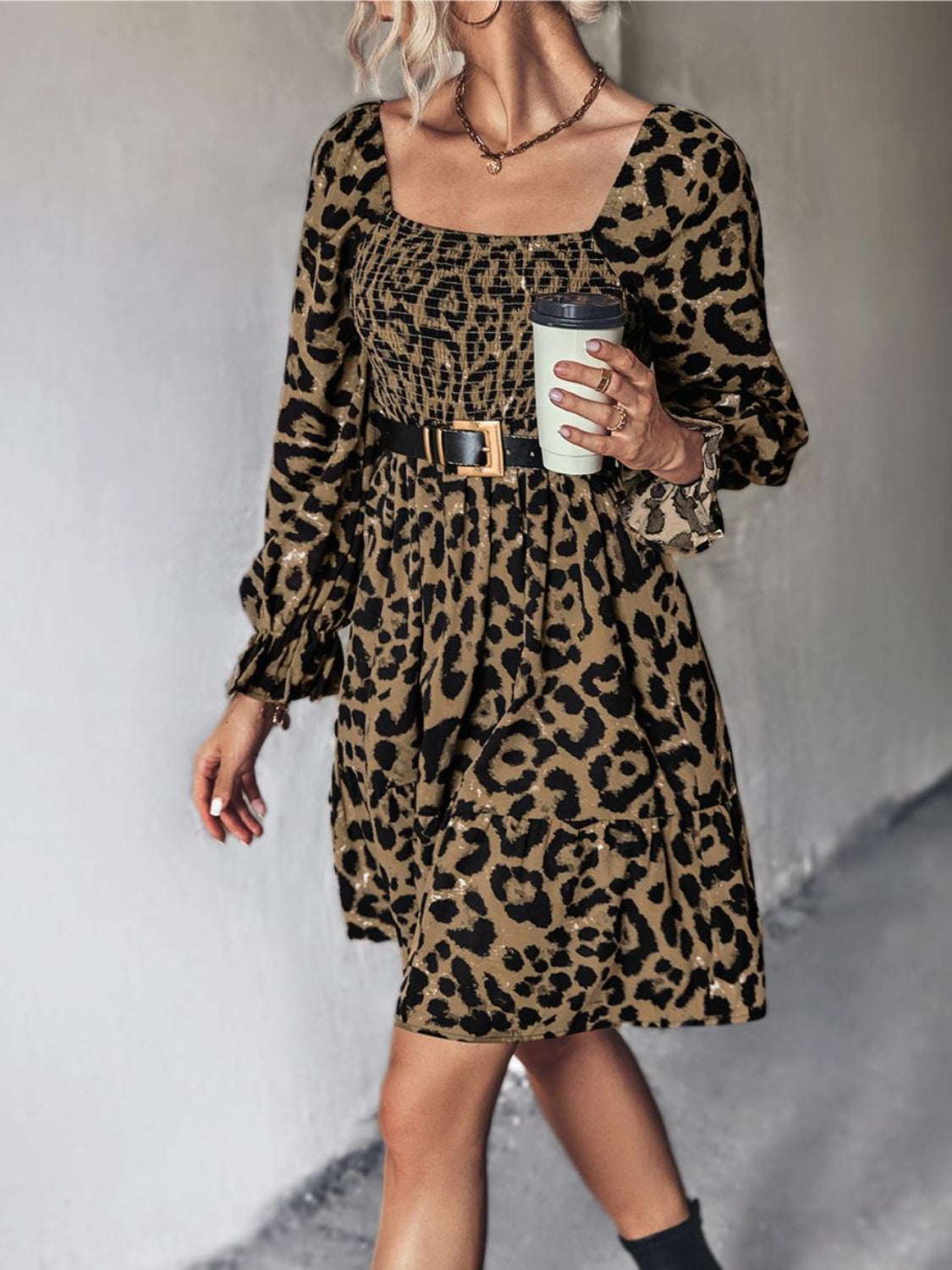 Leopard Smocked Flounce Sleeve Mini Dress