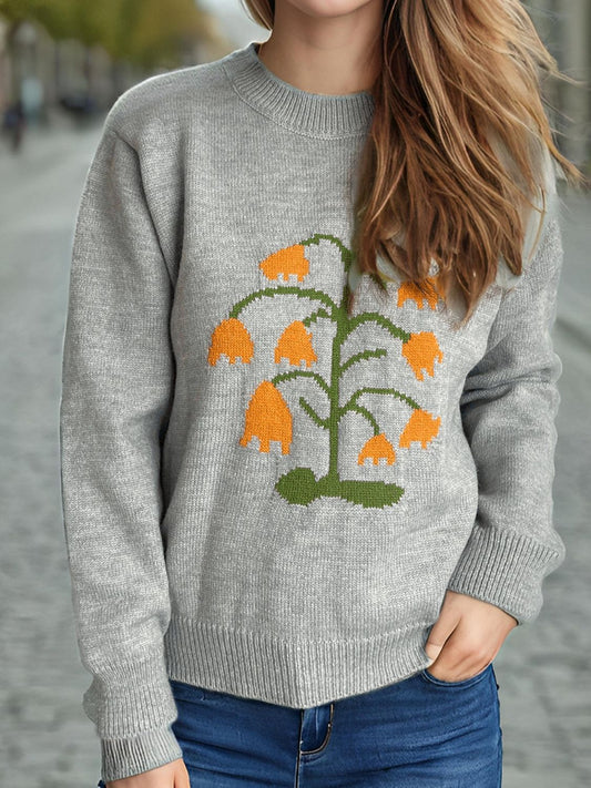 Plant Round Neck Long Sleeve Sweater