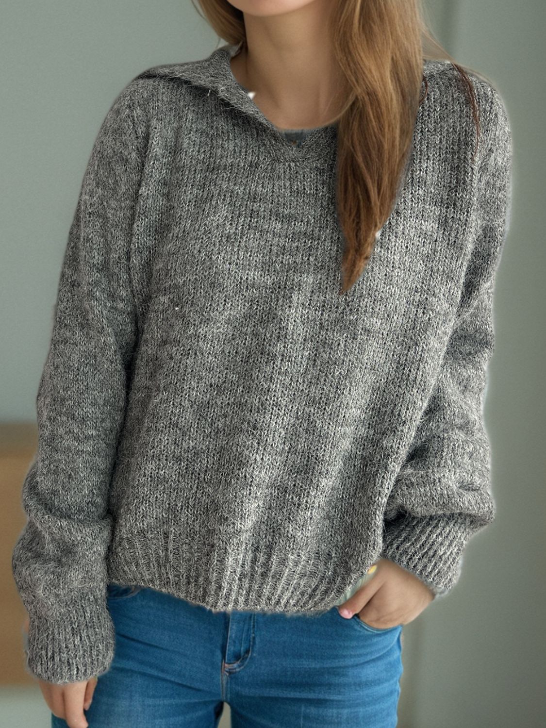 Collared Neck Long Sleeve Sweater