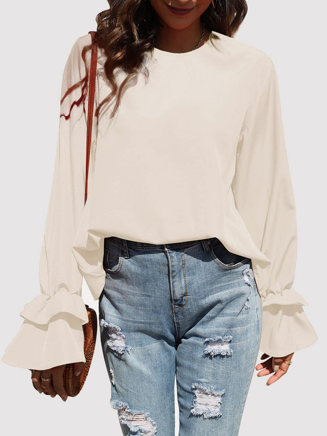 Round Neck Double-Layered Flounce Sleeve Top