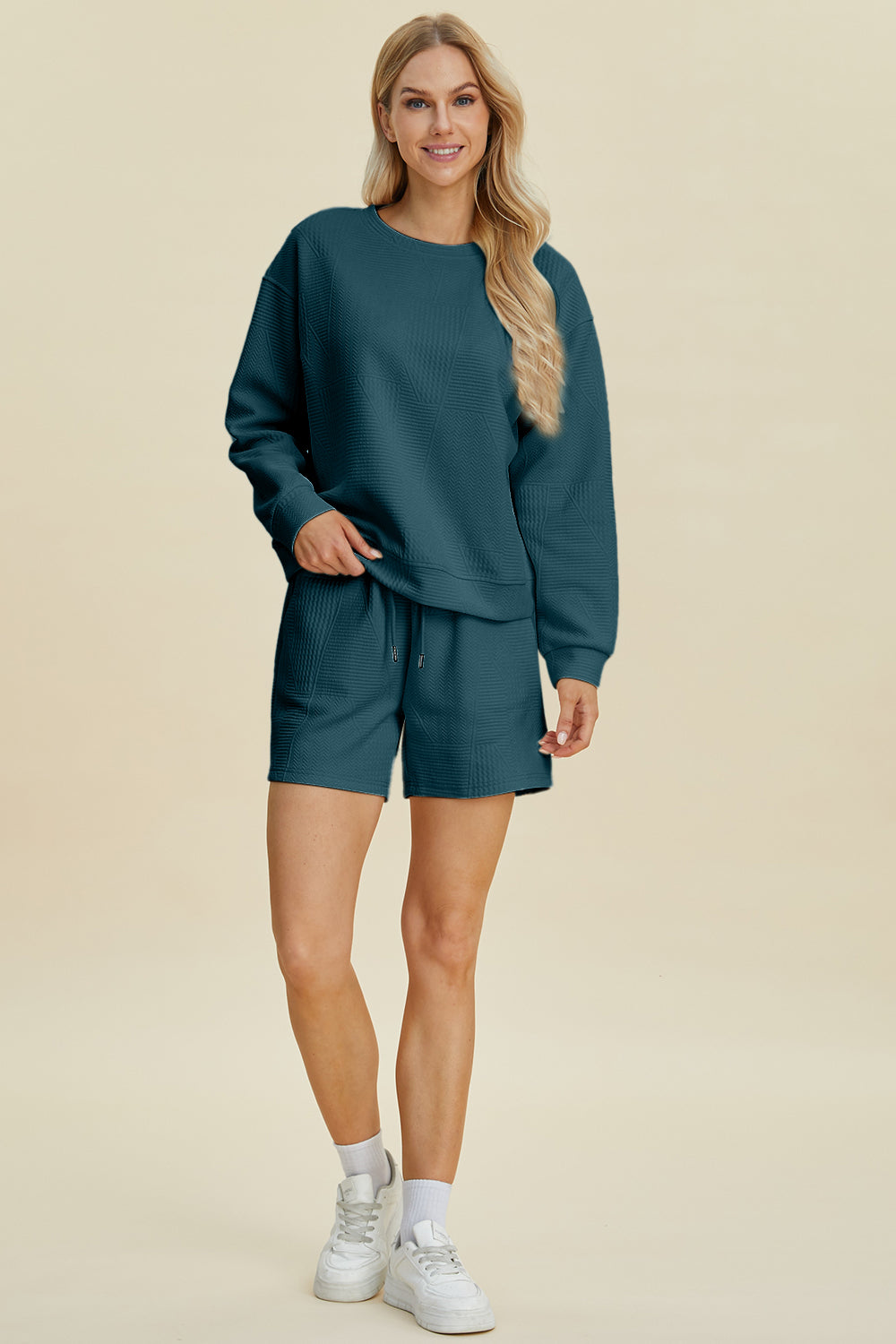 Double Take Full Size Texture Round Neck Long Sleeve Top and Shorts Set