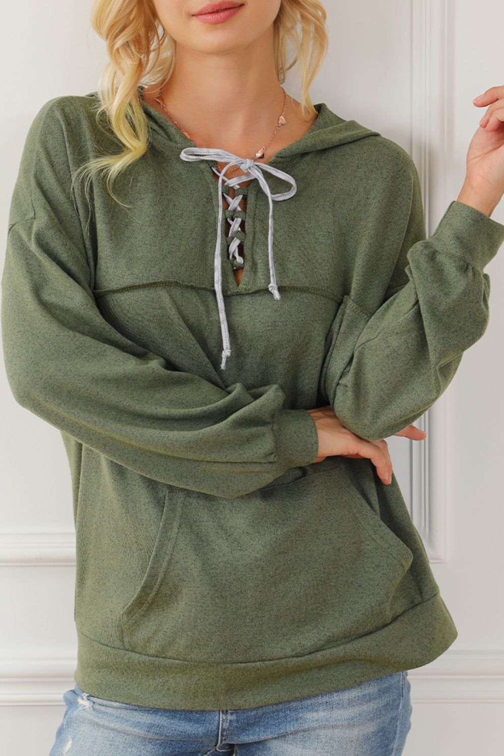 Lace Up Drop Shoulder Long Sleeve Hoodie